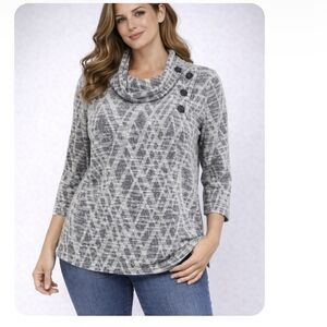 BYdesign Gray White Abstract Cowl Neck Button Top Small 3/4 Sleeve NWT
